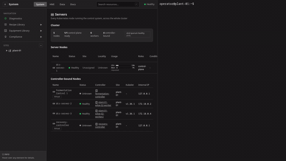 A terminal repeats dcs unit failover for a Failover-mode unit while the System app lists the cluster's chassis; the machine hosting the runtime is killed off camera, the readout turns from lease Held to lease Expired, then reports the unit bound to the standby chassis with its lease held again; the Servers inventory then marks the lost machine Offline, and the standby's Controller page lists the unit as hosted with its runtime Ready