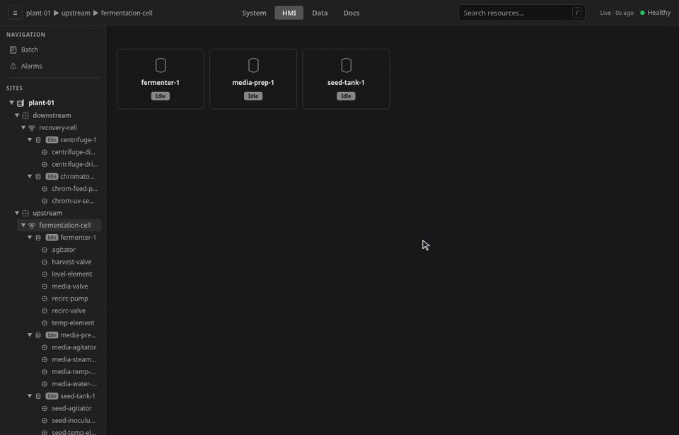 Open + New → Batch on the Batch Execution view, fill the batch ID, pick a master recipe from the dropdown, and add a description, click Create, Start the new batch from its command bar, watch its STATE column go Idle → Running, then open that batch's detail with its command bar, allocated unit, and procedural SFC