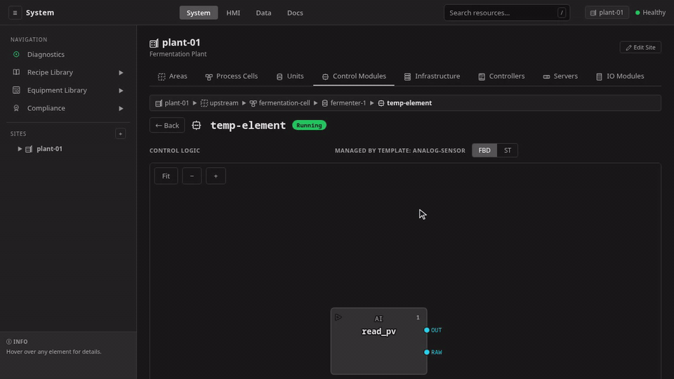 The symbol picker opened on the temp-element control module edit form — trigger face reading Default, the searchable gallery narrowing live on a typed search, category tabs filtering to Instruments, an override picked and then reverted via the Use default card with its effective-default preview — followed by the ISA 5.1 Symbol Library gallery with a symbol's detail overlay showing the SVG preview, ID, category, and state-color strip