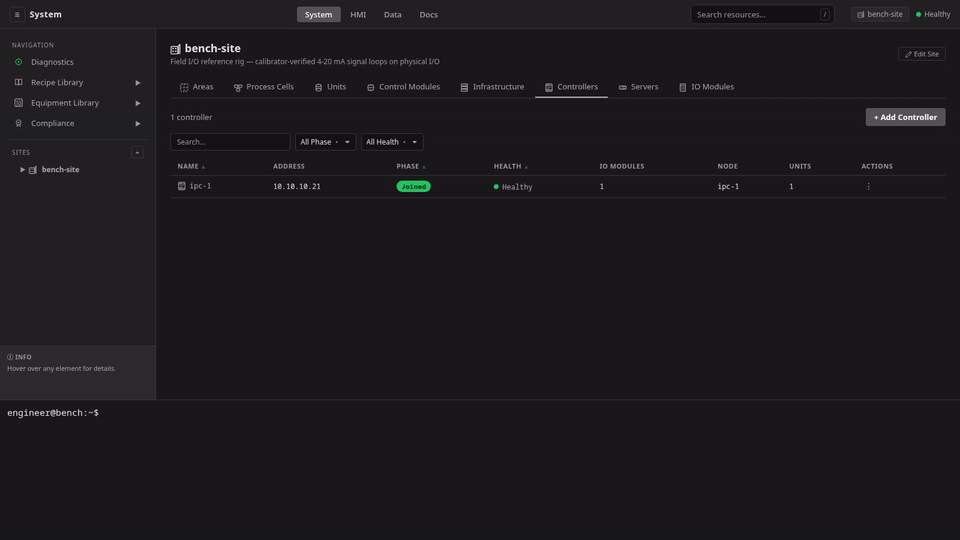 The Controllers tab of site bench-site above an engineer's shell: the table holds one row, ipc-1, Joined at 10.10.10.21 and Healthy; the shell runs talosctl apply-config --insecure against a maintenance-mode address with the file ipc-2.yaml; after a cut carrying the recorder's elided-wait notice, a second row, ipc-2, is in the table at Joined with Address 10.10.10.22, and after a second cut its Health reads Healthy