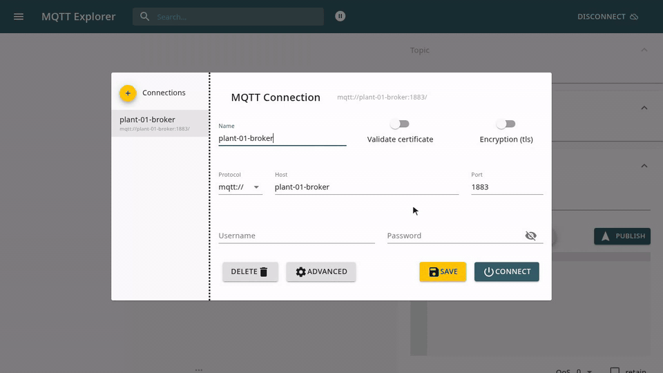 MQTT Explorer connecting to the plant broker on port 1883 with no credentials, and the retained topics arriving the instant it connects; expanding dcs to site-plant-01 shows the equipment, runtime and batch branches with their topic counts; opening batch to a batch ID and selecting its state leaf shows the value panel marked RETAINED beside a payload carrying the batch state, timestamp and the units it holds; expanding equipment shows the Unit, IOModule, controlmodule and ControlModule branches side by side, and expanding runtime to a unit's value subtree and selecting the agitator.SPEED tag shows the payload with its capitalised Address, Value, Quality and Timestamp keys, the timestamp advancing on each republish