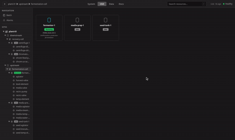 Open a running batch and drill its Procedural SFC viewer one ISA-88 level at a time — Procedure, Unit Procedure, Operation, Phase — to the active Phase execution chart where the running step is highlighted and completed steps are history-gray, then click the active step to open the Step ST action panel and a transition bar to open the Transition ST condition panel