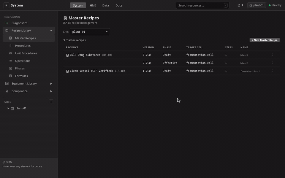 A master recipe created and landing in Draft, its procedure step bound to a not-yet-authored template that the controller flags in the red Validation Errors section, and the reference fixed from the real template dropdown so the errors clear