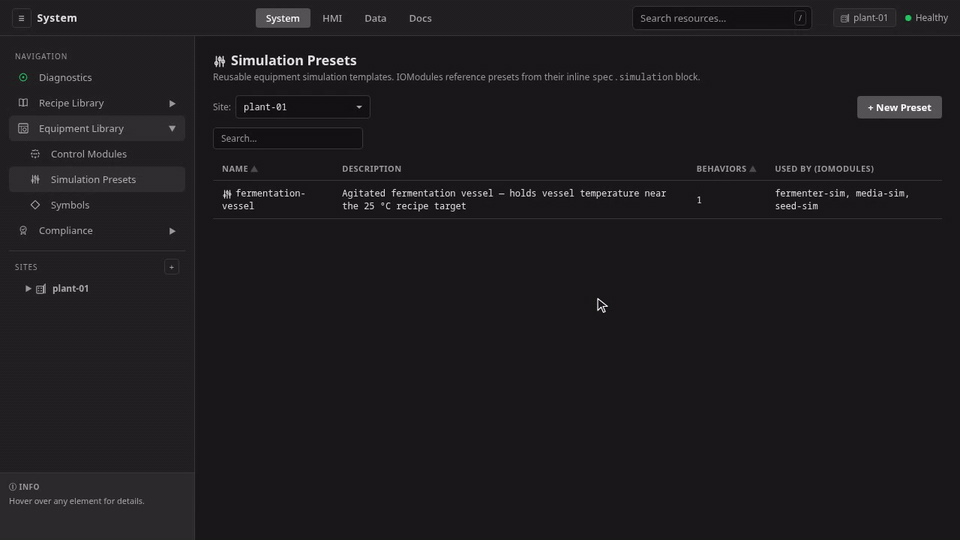 The preset lifecycle on plant-01: the list's Used By column naming the three IOModules referencing fermentation-vessel, the Edit form retargeting the temperature hold from 25 to 27 °C, fermenter-sim's live temp channel climbing to the new target seconds later, and a scratch preset deleted through the typed-name-plus-reason confirmation ceremony
