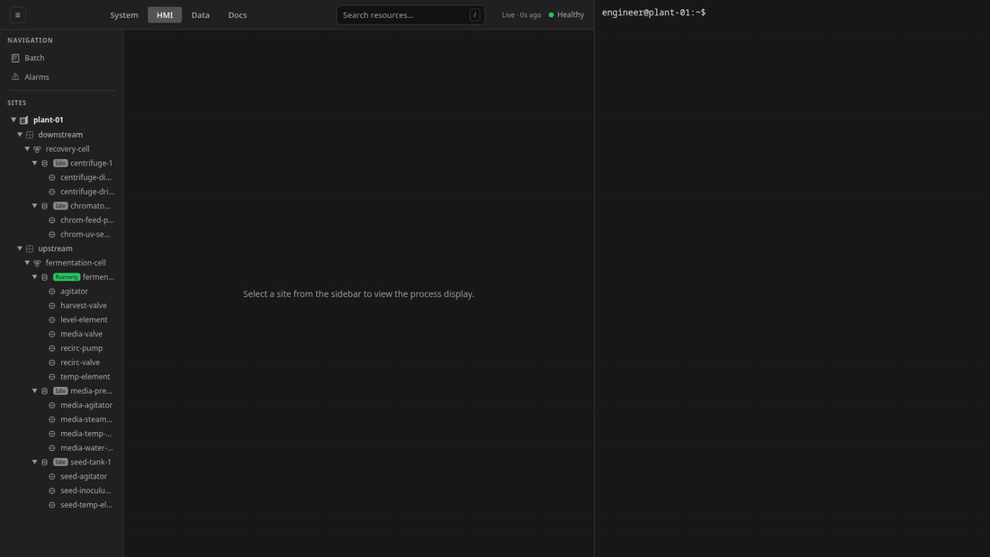 A pull request adds a pressure transmitter to fermenter-1. The PR is merged, a terminal shows Flux reconciling the change into the running cluster, and the new instrument appears in the live plant with its git commit SHA recorded in the audit trail.