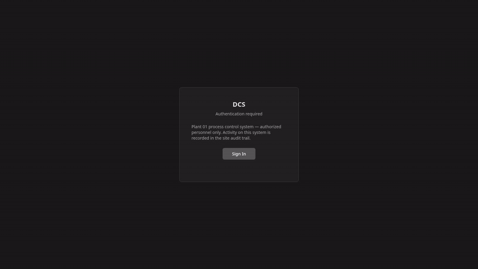 An unauthenticated navigation bounces to the product login page, which shows the deployment's system-use notification before any credential; Sign In hands the browser to the plant's own OpenID Connect provider over PKCE and returns with the header badge naming identity and role; dcs login then completes the device-code flow against the same provider, printing the same notice first, for a verified CLI session