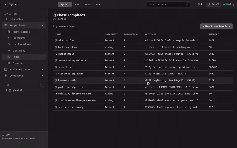A new phase template authored in the visual SFC editor with its Structured Text action typed in the browser, then a new operation template created and its step bound to the fresh phase through the searchable template picker