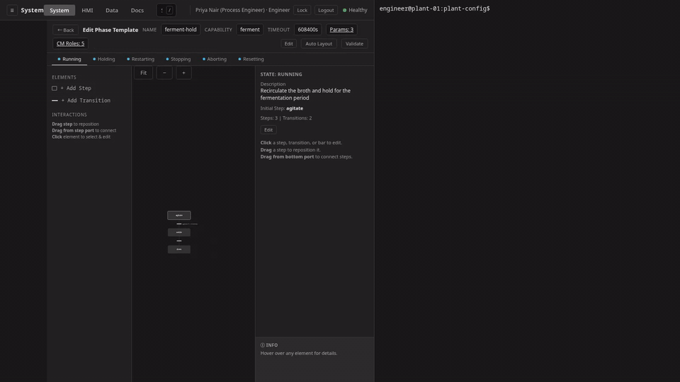 One phase template, real IEC 61131-3 Structured Text inside YAML, shown from three surfaces: the gateway's own SFC editor, VS Code, and vim with git in the same working tree; the one edit that lands does so through the governed change-control path