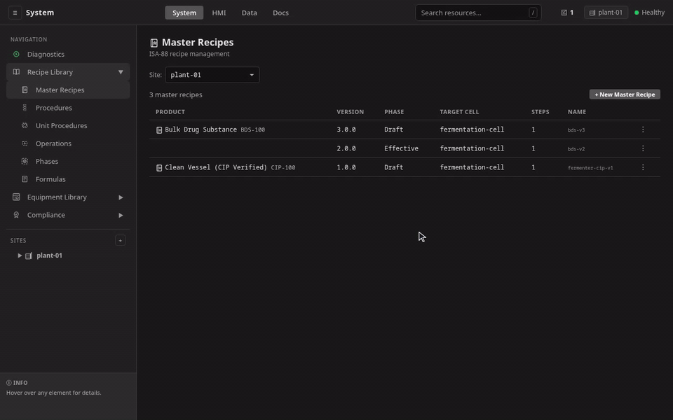 New Version on the Effective BDS-100 master recipe: the server derives version 4.0.0 and the resource name from the product family — nothing typed — cloning the whole spec into a Draft, then the revision's pilot-scale formula authored with engineering units and limits